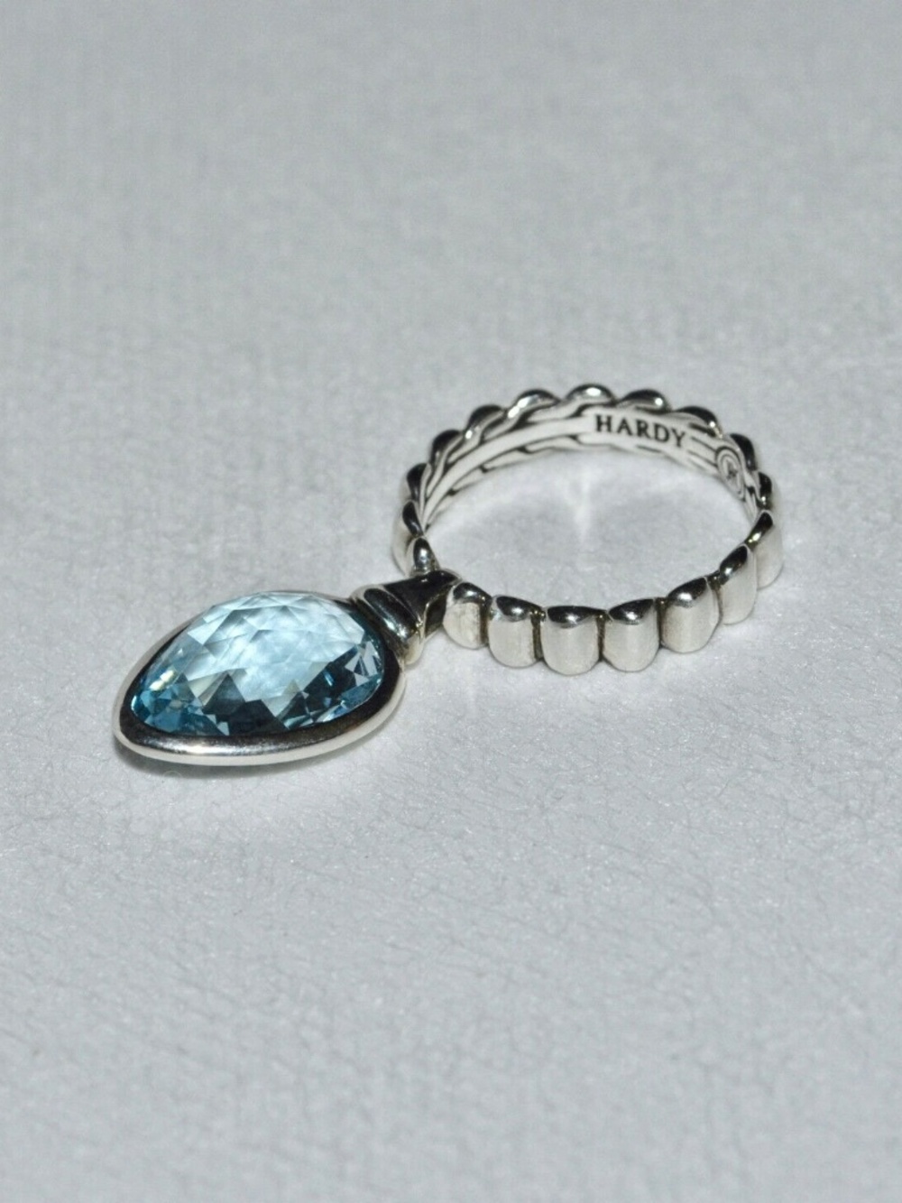 JOHN HARDY Batu Bedeg Sky Blue Topaz Teardrop Dangle Charm Ring Silver Size 7